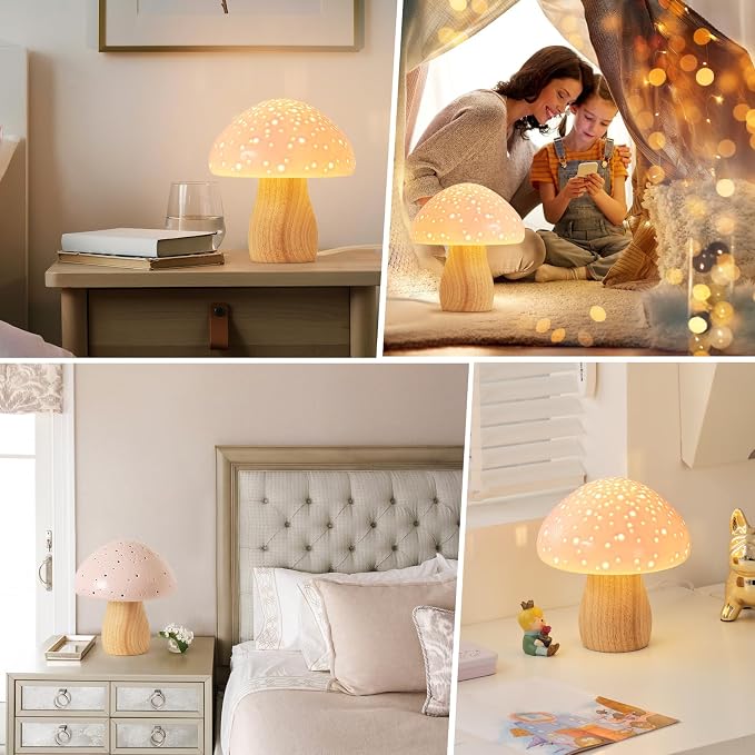BOHON Mushroom Lamp Ceramic Bedside Table Lamp, Pink