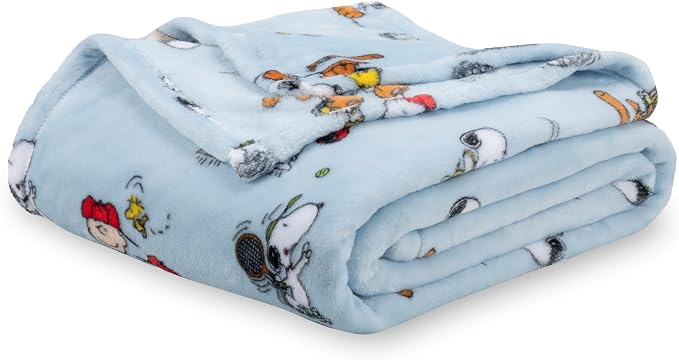 Berkshire Blanket Peanuts® VelvetLoft® Cute Character Snoopy Plush Blanket,Snoopy the Athlete Closed in Blue,Full/Queen 90 in x 90 in (Official Peanuts® Product)