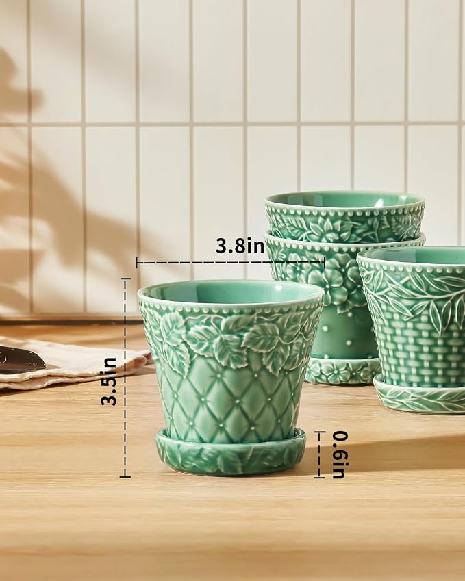 Metahom 3.8 Inch Succulent Pots, Green Ceramic Pots for Plants Set of 4