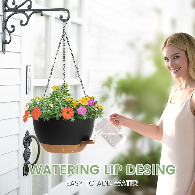 2 Pack 12 Hanging Flower Pots with Chains Self Watering Plastic Planters for Indoor Outdoor Plants, Sturdy Triangular Iron Chain Design for Garden PorchPlastic hanging flower pots(2, Black Brown)