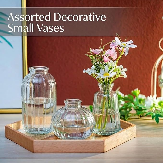 Glass Bud Vases Set of 3, Small Flower Vases in Bulk, Mini Ribbed Vases for Centerpieces, Clear Vintage Vase for Table Decorations, Wedding, Party, Receptions, Home Decor (Clear)