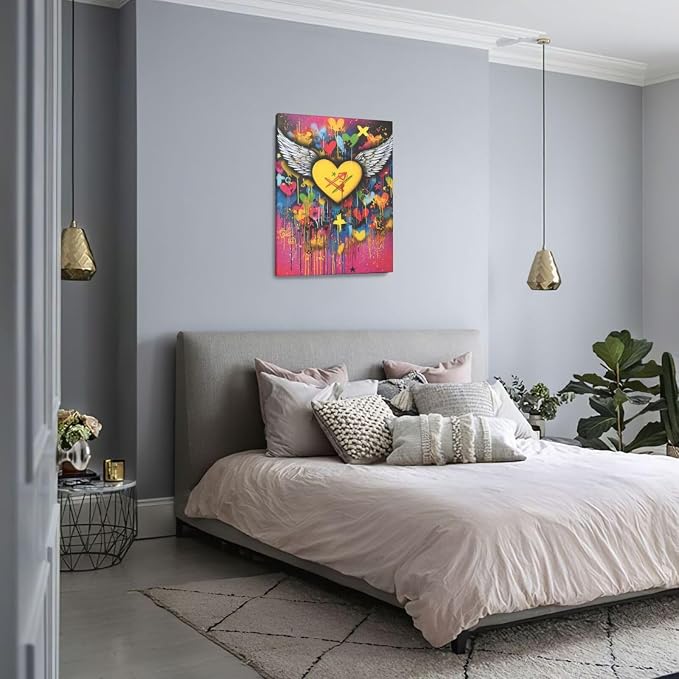 Crekviy Banksy Wall Art Street Graffti Wall Decor Heart Wings Canvas Prints Painting Romantic Artwork Decorations for Bathroom Bedroom Living Room Office Framed Gifts 16"x20"