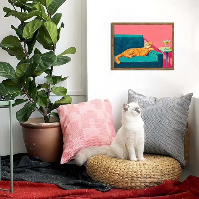 Funny Cat Wall Art Orange Cat With Martini Wall Decor Painting Whimsical Animal Cocktail Bar Cart Poster Canvas Prints Quirky Pet Lover Picture for Bedroom Living Room Wood Framed 16x24 inch