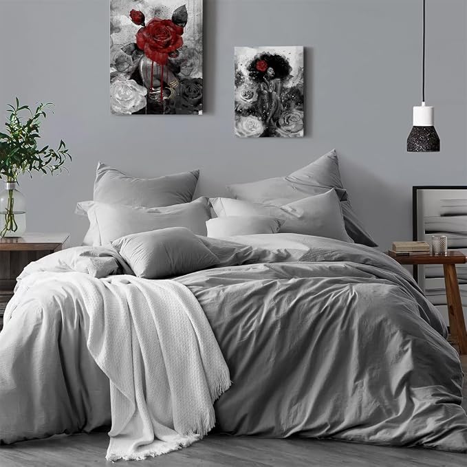 African American Wall Art Fashion Black Girl Picture Vintage Rose on Girl Head Wall Decor Abstract Painting Framed Modern Artwork for Bedroom Bathroom Office Home Decor 12x16 inch
