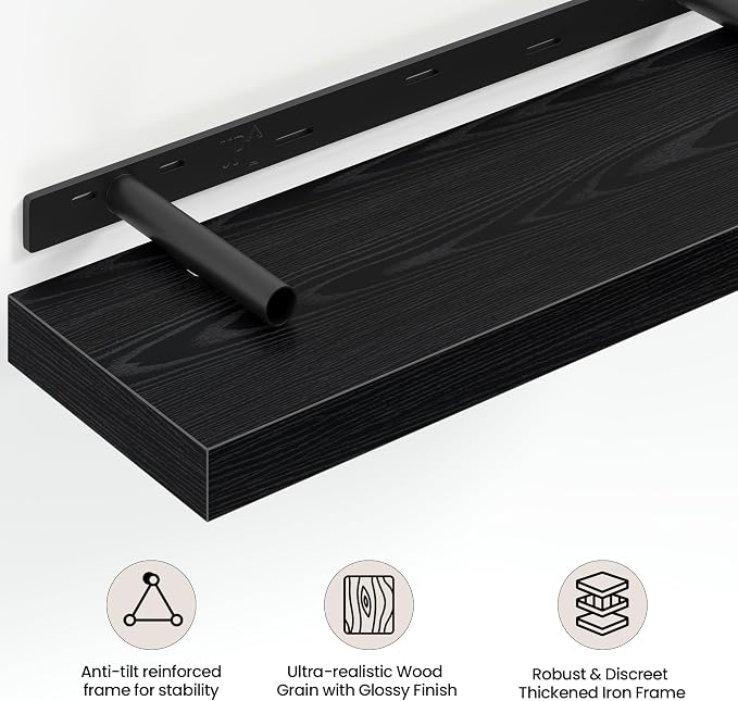 Vivelove 12 Inch Floating Shelves Wall Mounted for Display, 6.5 Deep Duty Shelves with Invisible Brackets for Living Room,Bedroom,Kitchen, Bathroom Storage & Decor,12" Wx6.5 Dx1.4 H - Black