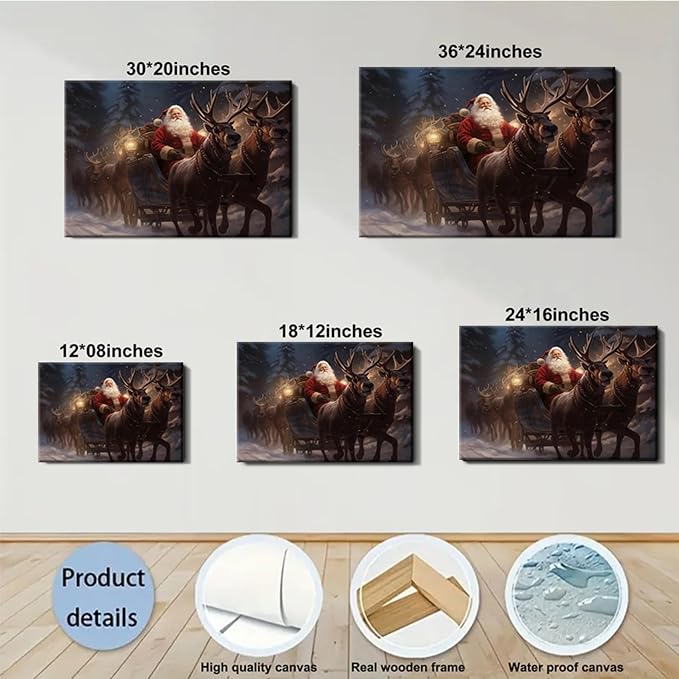 Santa Claus Framed Christmas Wall Art 24x36in, Festive Holiday Wall Decor for Office, Winter Reindeer Canvas Art Print, Farmhouse Christmas Pictures for Living Room Indoor Decorations