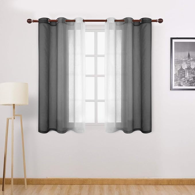 DWCN Black Ombre Short Sheer Curtains - Faux Linen Semi Voile Gradient Light-Filtering Bedroom and Living Room Curtains, Set of 2 Grommet Top Window Drape Panels, 42 x 45 Inch Length