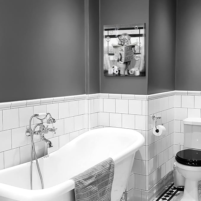 Funny Lion Wall Art Black and White Bathroom Print Farmhouse Bathroom Animals Wall Decor Lion Sitting in Toilet Reading Newspaper Painting Framed Artwork for Toilet 16x20 inch
