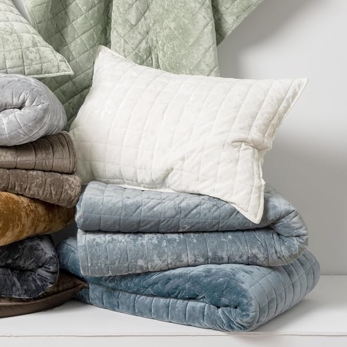 RECYCO Channel Box Stitch Velvet Quilt Set, Full Queen Size, Blue Linen | Ultra Soft Lightweight Velvet Comforter, Luxury Oversized Bedspread Coverlet, Quilted Bedding Set for All Season with 2 Shams