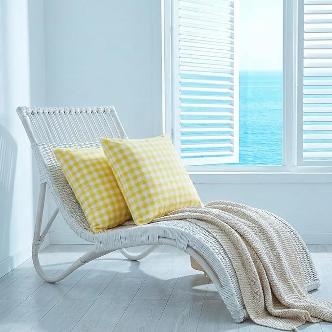 CARRIE HOME Yellow Gingham Checkered Throw Pillow Covers 18x18 Set of 2, Neutral Modern Farmhouse Yellow Outdoor Pillows 18 x 18 for Porch Patio Furniture (No Pillow Inserts)