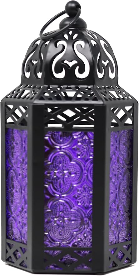 Vela Lanterns Decorative Indoor Moroccan Candle Holder Lamp, Purple, S | Gothic Home Decor, Whimsigoth Iron Goth Lamp, Hanging Witch Bedroom, Halloween Centerpiece, 8.5" Tall