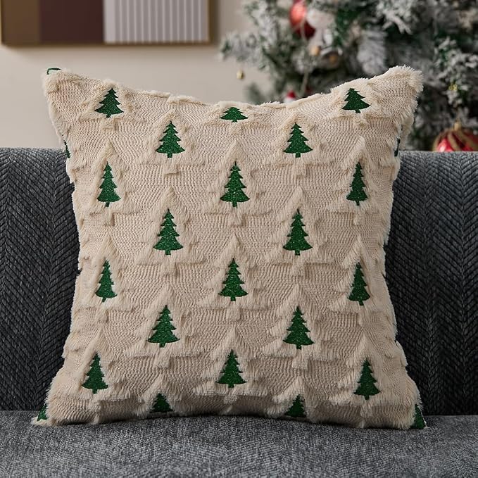 Allorry Christmas Pillow Covers 16x16 Set of 2 Beige Double Xmas Tree Pillow Covers Soft Plush Faux Fur Christmas Decorations for Xmas Winter Holiday Home Bedroom Sofa Cushion Cases PT-008C16