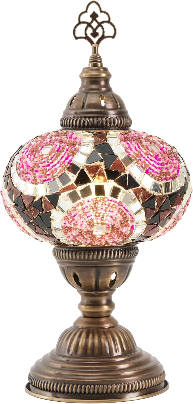Turkish Lamp, Mosaic Table Lamp, Antique Moroccan Decorative Glass Bohemian Vintage Lamp Shade, Small Desk Tiffany Bedside Stained Glass Lamp with US Plug and E12 Socket