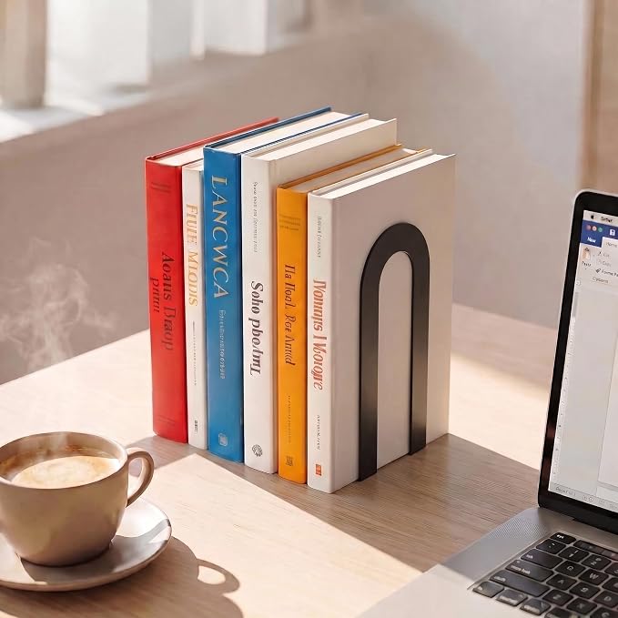 Sanwarm Bookends, 12 Pcs, Metal, for Home Office Desk Shelves Modern | Black Decorative Book Ends Non-Skid Book Stoppers Holder 6 Pair Gifts for Reading Enthusiasts Library Decor