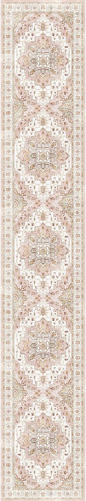 Madane Washable Runner Rugs 2x12 Long for Hallway Kitchen Soft, Pink | Non-Slip Vintage Printed 12ft Rug Runners with Rubber Backing, Low-Pile Floor Carpet Laundry Room Entryway, Corridor