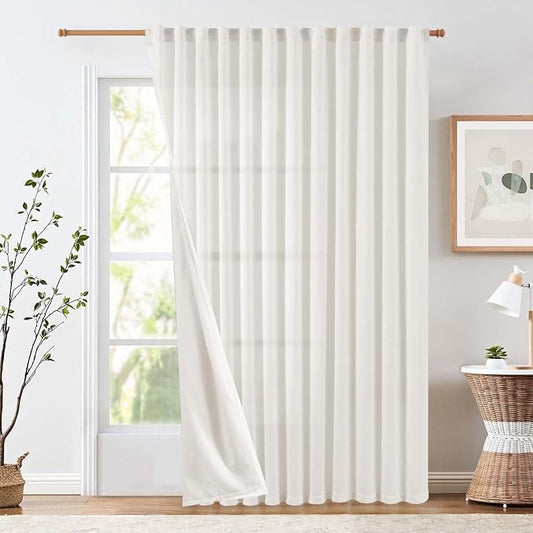jinchan Lined Linen Curtains Extra Wide Back Tab 100x84 Inch 1 Panel Beige | Light Filtering Curtains with White Privacy Liner, Cottage Core Farmhouse Curtains for Living Room, Rod Pocket 84 Inch Length