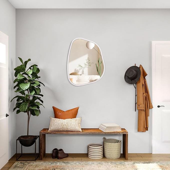Asymmetrical Mirror Irregular Oval Wall Mirror Modern Wood Frame Unique Shape Wall Mounted Vanity Artistic Mirror Decorative for Living Room Bedroom Bathroom Entryway 16"x12"