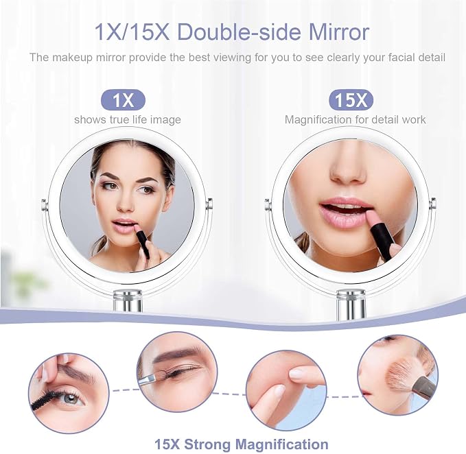 CLSEVXY Vanity Mirror Makeup Mirror with Stand, 1X/15X Magnification Double Sided 360 Degree Swivel Magnifying Mirror, 7.4 Inch