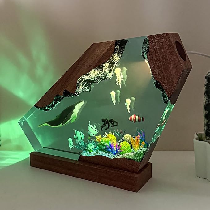 Handmade Blue Whale Resin Lamp with Wood Base