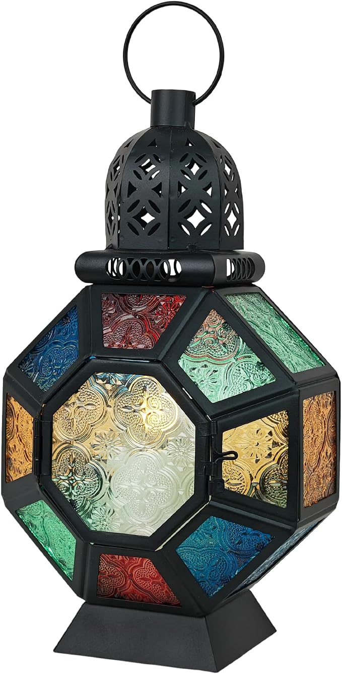 Vintage Large Size Decorative Ramadan Candle Lantern, 12’’ Metal Hanging&Tabletop Moroccan Stained Glass Lantern Candle Holder Decor, Decorations for Home Indoor Outdoor Patio (Colorful)