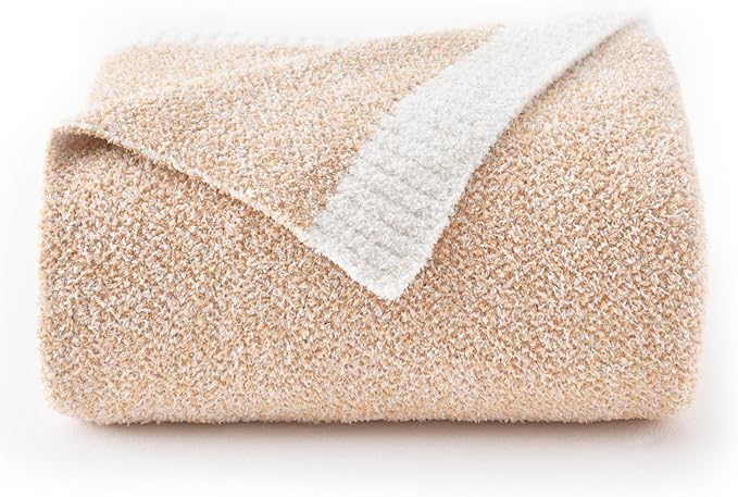 Chunky Knit Boucle Throw Blanket, Soft Washable Coastal Blanket for Bed Couch, Lightweight Cozy Oversized Feather Knit Blanket Indoor Outdoor for Sofa (Beige, Twin 60"x80")