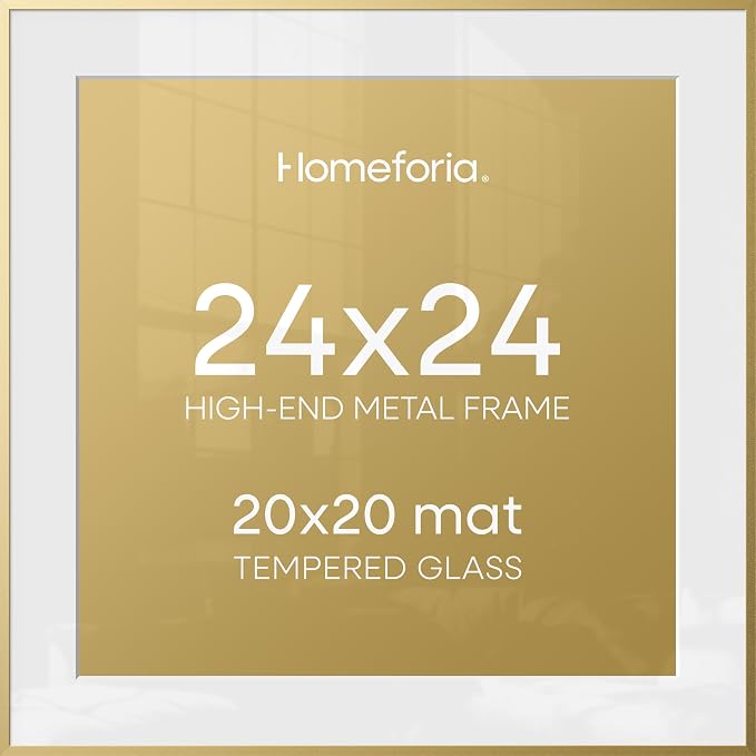 Homeforia 24x24 Gold Picture Frame, High-End Metal, 20x20 Mat, Glass