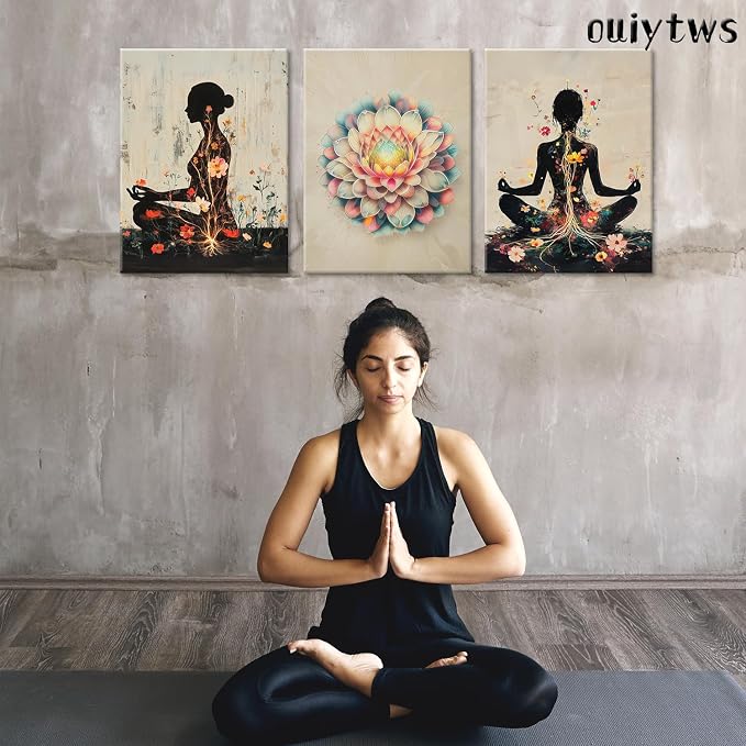 Framed yoga Zen Lotus Canvas Wall Art Set of 3, Meditation Decor 12x16in | Zen meditation wall art with lotus painting prints, floral poster design and Ready to Hang decor for bedroom,yoga room&office