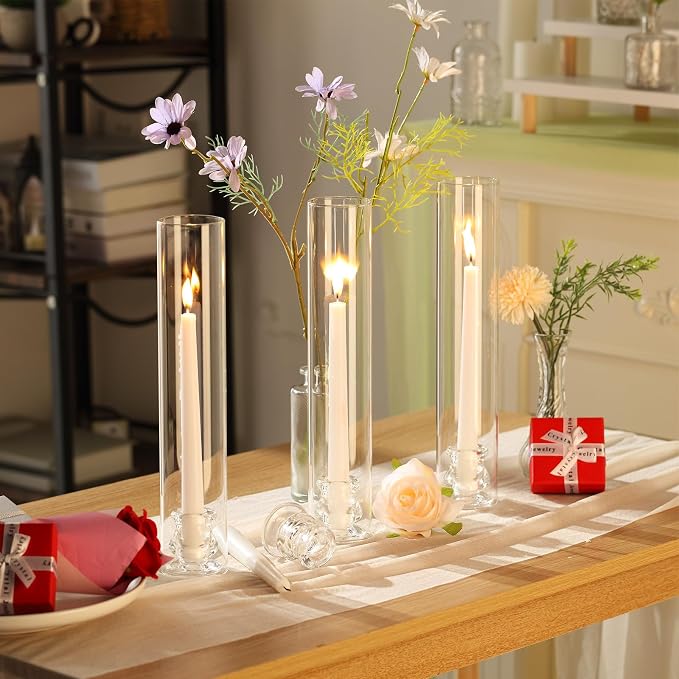 Teenyyou 36 Set Glass Hurricane Candle Holders Candlestick Bulk 12.6",Clear | 2.2" Taper Clear Candlestick Holders, Open Ended Glass Candleholder Tube Shape Bottomless, for Wedding Table Centerpiece