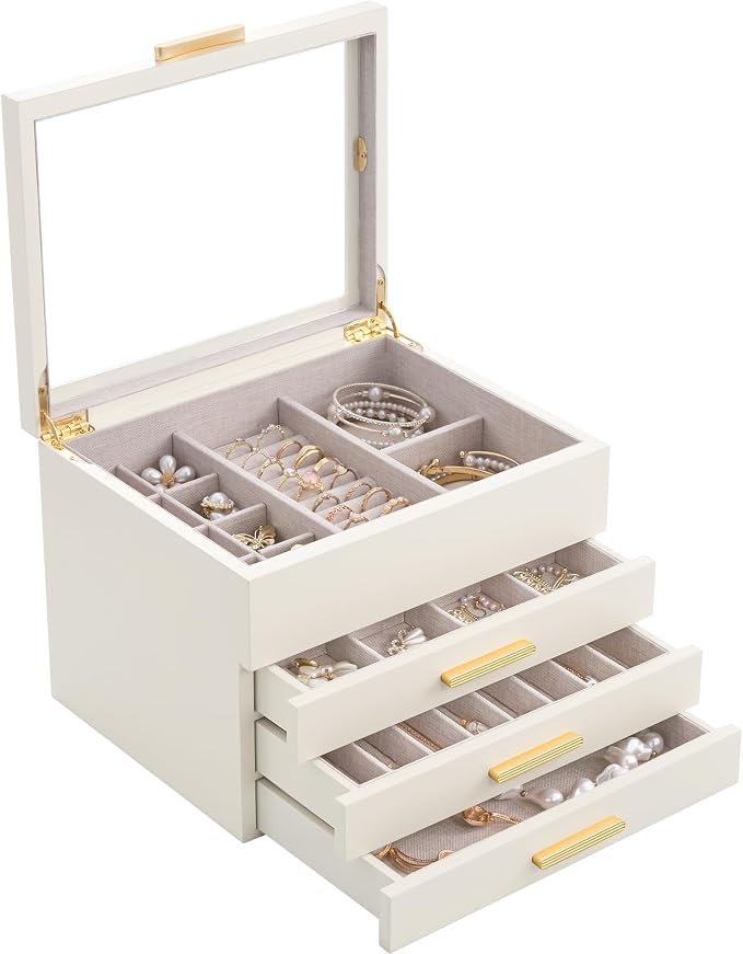 Lolalet Jewelry Box, Clear Window Wood Jewelry Storage for Earrings Bracelets Necklaces Rings, High Capacity Organizer for Women, Valentine's Day Gift -Beige, 4 Layers