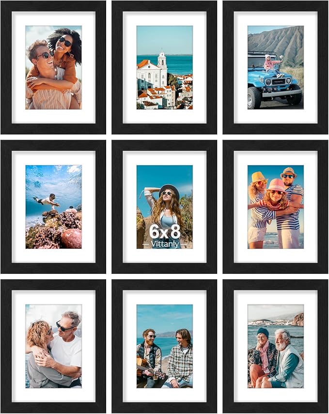 Vittanly 6x8 Picture Frames Set of 9 for Wall or Tabletop Display, Black | Display Pictures 4x6 with Mat or 6x8 without Mat, Small Photo Frames, Engineered Wood with Shatter Resistant Plexiglass