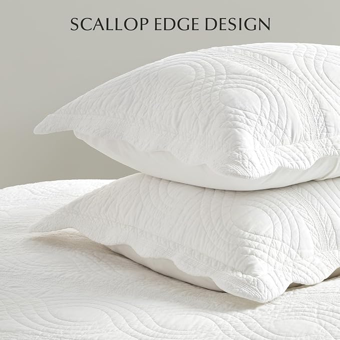 EverGrace 100% Cotton Scallop Quilt Set, Queen Size, Bright White | Scalloped Border, Timeless Chic Aesthetic, All-Season Comfort, Perfect French Country Bedroom Decor, 3 Piece Set with 2 Shams