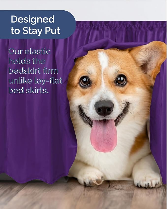 Wrap Around Dust Ruffle Bed Skirt, Full Size Beds - 24 Inch Drop, Purple | Easy Fit Elastic Strap, Adjustable Pleated Bedskirt w/Brushed Fabric, Wrinkle & Fade Free, for Women, Men, Kids & Teens