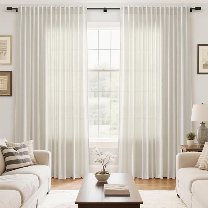 Extra Wide 100 Inch Linen Curtains for Living Room Divider Light Filtering Semi Sheer Back Tab Patio Curtains for Sliding Door Natural Coastal Decor Sunroom Floor to Ceiling Window Curtain 100x84