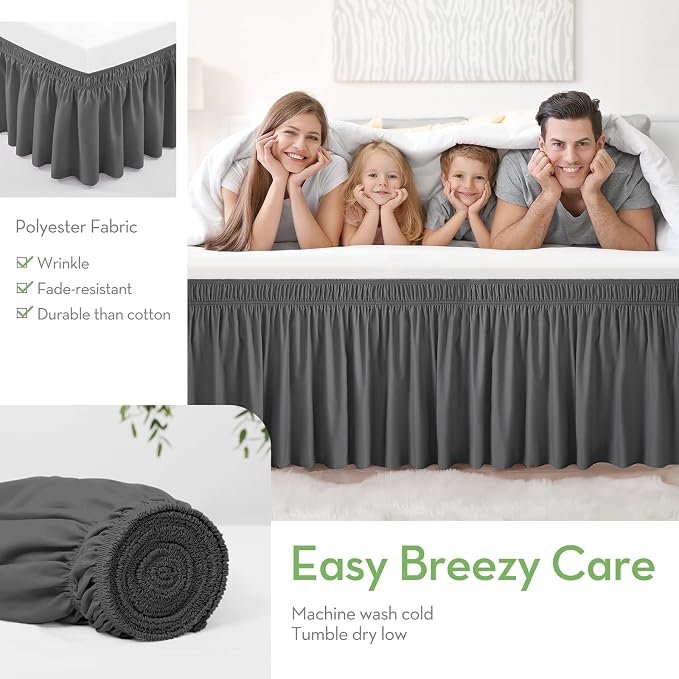 Dark Grey Bed Skirt King Size 18" Drop, Elastic Wrap Around Bedskirt | Solid Ruffled, Easy to Use, No Mattress Lifting, Wrinkle & Fade Resistant, with Adhesive Strips, Machine Wash/Dry/Iron