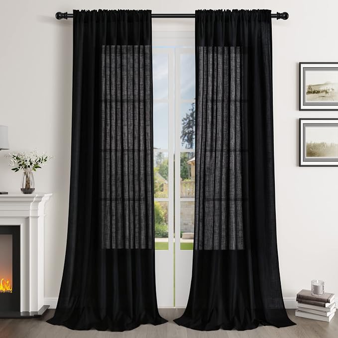Black Linen Curtains 108 Inch Length for Living Room Bedroom 2 Panels Set Rod Pocket Light Filtering Semi Sheer Window Curtains 52 Inch Width Boho Farmhouse Linen Drapes, W52xL108