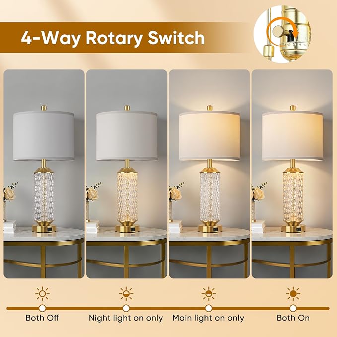 QiMH Glass Table Lamps Set of 2, Modern Gold Beside Lamps for Living Room