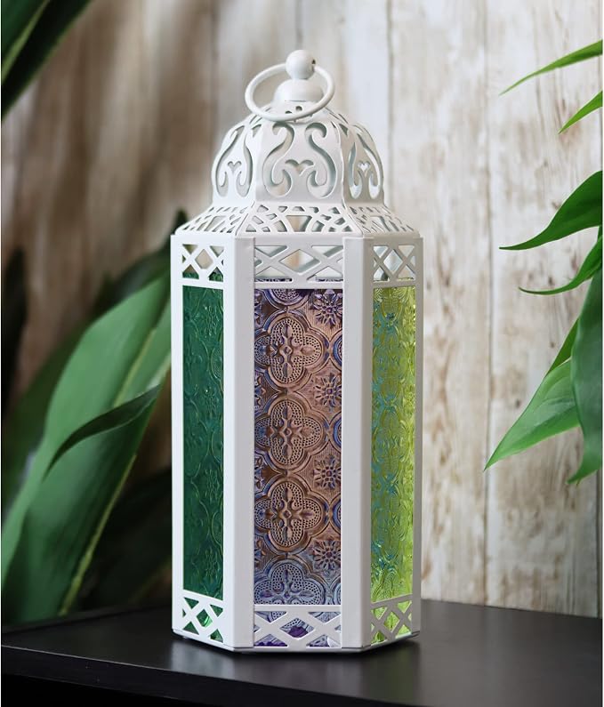 Vela Lanterns Decorative Indoor Moroccan Candle Holder, Multi-Colored, M | Rainbow Glass Decor for Easter, Votive Pillar Lamp, Colorful Turkish Tealight Centerpiece, Diwali Wedding, 10.5in Tall