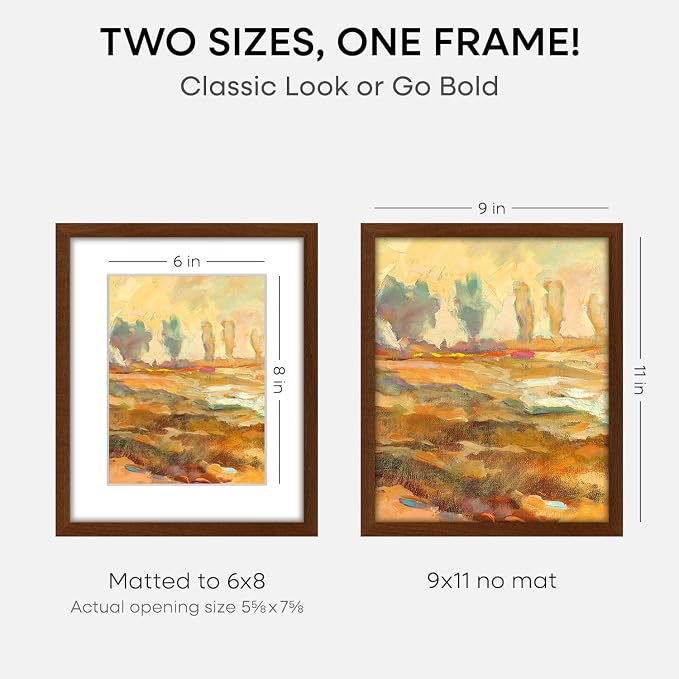 Homeforia 9x11 Brown Oak Picture Frame, High-End Wood, 6x8 Mat, Glass