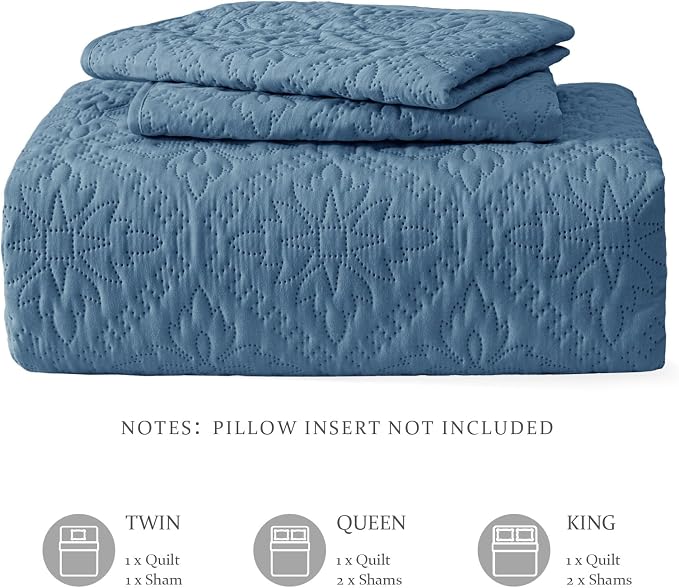 Exclusivo Mezcla King Quilt Set, Grayish Blue | Lightweight Soft Bedspreads Coverlets, All Season Bedding with 2 Pillow Shams, Modern Style for Bedroom Guest Room