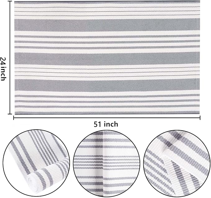 Grey and White Outdoor Rug 24"x51"Cotton Washable Striped Front Porch Rug | Hand-Woven Door Mat Outdoor For Entryway Combined With Hello Welcome Mat