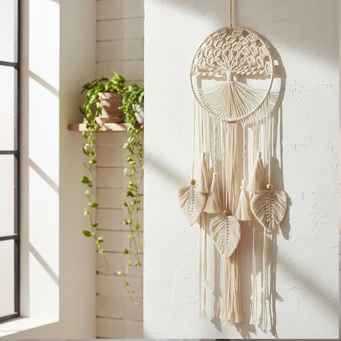 Tree of Life Macrame Wall Hanging Boho Dream Catcher Tapestry, Handmade Woven Wall Art for Bedroom Living Room Hallway Symbol of Growth Harmony Positive Energy Gift for Women - White