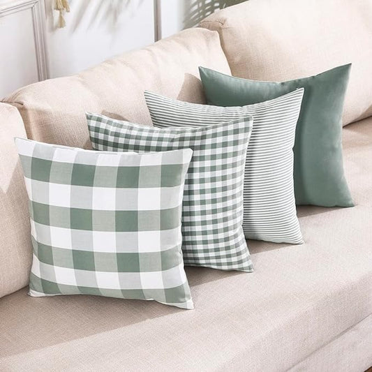 Sage Green Buffalo Check Plaid Outdoor Throw Pillow Cover 18x18 Set of 4 | Spring Outdoor Pillow Covers 18 x 18, Outdoor Pillows for Patio Furniture,Sage Green Farmhouse Decorative Couch Pillow Covers