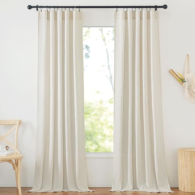 NICETOWN Natural Linen 144 inch Long Curtains for Bedroom, Rod Pocket & Back Tab Thick Flax Privacy Semi Sheer Window Treatments with Light Filter for Living Room, W55 x L144, 2 Panels