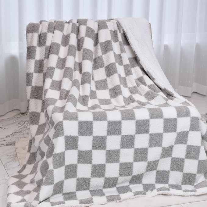 MERRYLIFE Checkered Plaid Sherpa Throw Blanket for Couch Bed Grey 60" 70" | Microfiber fabric, Decorative, Knitted, Checkerboard Grid Pattern, Ultra-Plush Soft, Fuzzy Cozy, Gift Choice, Machine Wash