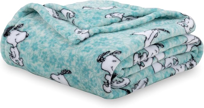 Berkshire Blanket Peanuts® VelvetLoft® Cute Character Snoopy Plush Blanket,Snoopy Springtime Floral Dance Large Blue,King 90 in x 108 in (Official Peanuts® Product)