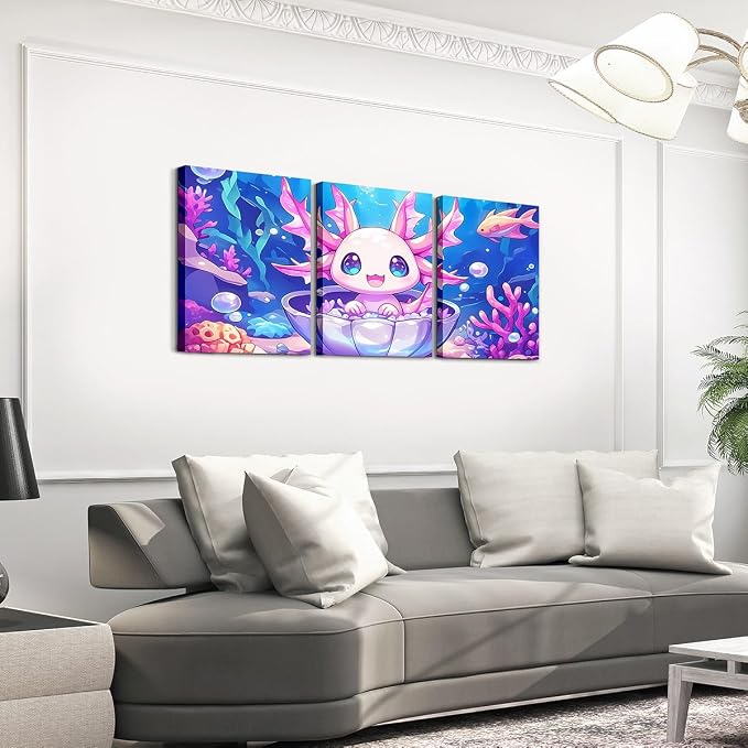 Feelyou Kids Cute Axolotl Canvas Wall Art for Living Room Bedroom Ocean Sealife Picture Wall Decor Boys Girls Kawaii Animal Wall Painting Prints Cartoon Salamander Bathroom Wall Art 12"x16"x 3Pcs