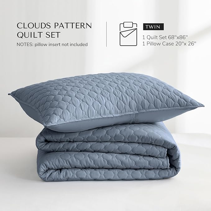 HORIMOTE HOME Quilt Twin Size Dusty Blue, Lightweight Quilt for Summer Ultra-Soft Microfiber Modern Style Quilted Clouds Pattern Bedspread Quit Set 2 Pieces (1 Quilt and 1 Pillow Sham)