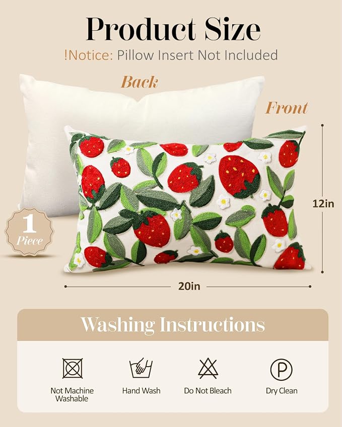 Embroidered Lumbar Pillow Cover - 20x12 Decorative Pillow Cover with Zipper Aesthetic Cute Design Boho Spring Summer Throw Pillowcase for Living Room Couch Sofa Bed, Leaf Strawberry