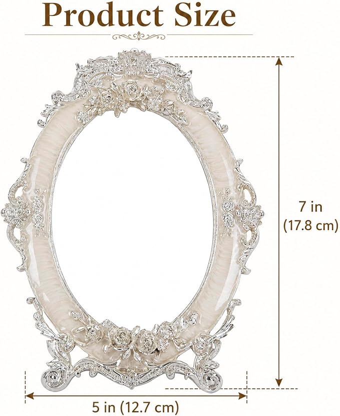 Vintage Vanity Makeup Mirror for Desk - Antique Small Table Decor, White | Art Nouveau Decorative with Stand, Frame for Tabletop Office Bedroom Furniture Room Bathroom Home Wall Dresser Accessories