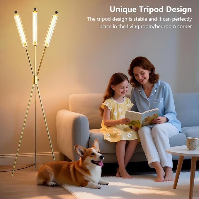 Lightdot LED Tripod Floor Lamps for Living Room, Stepless Dimmable Modern Standing Tall Lamp with 360° LED LampHead,Mid Century Industrial Floor Lamp for Bedroom/Sofa Beside/Corner Decor-Gold
